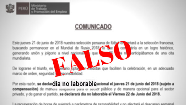 Ministerio de Trabajo desmiente día no laborable por el partido de Perú 