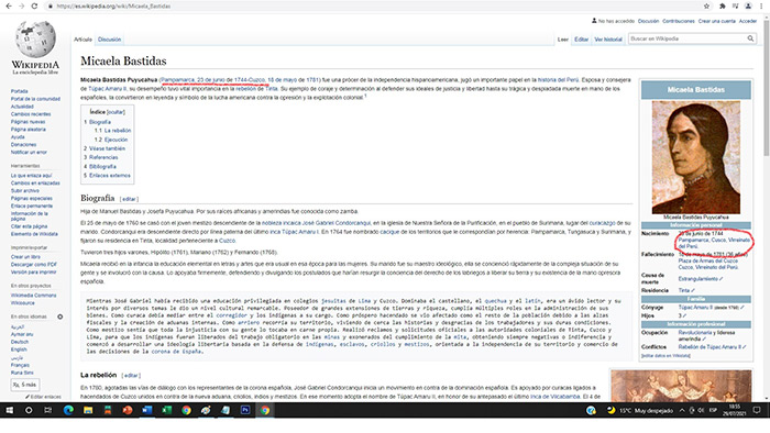 Portal de Wikipedia consigna errÃ³neamente lugar de nacimiento de heroÃ­na Micaela Bastidas en distrito de Pampamarca, en Cusco