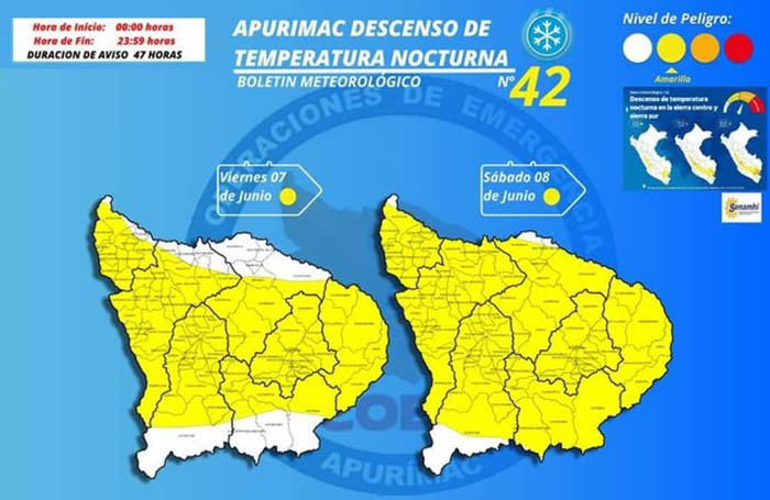 Alerta de baja temperatura nocturna el viernes 7 y sábado 8 en Apurímac