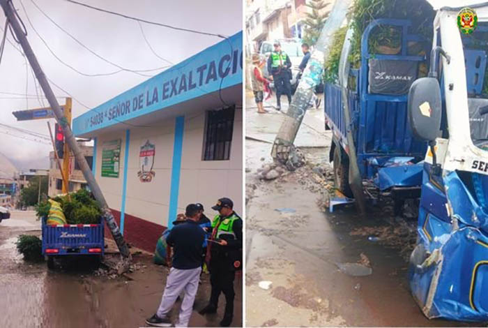 Conductor ebrio de motocarga choca contra poste en Tamburco