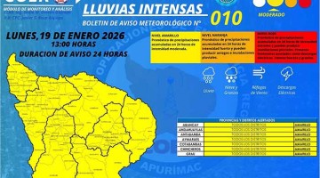 Alerta amarilla: COER advierte lluvias moderadas e intensas las próximas 24 horas en Apurímac