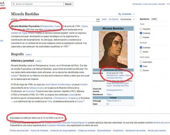Portal Wikipedia desinforma y afirma que Micaela Bastidas Puyucahua nació en el Cusco 