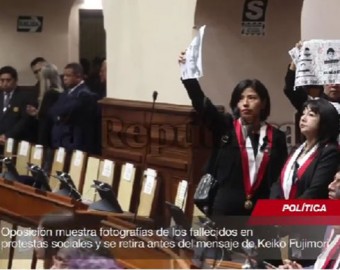 Oposición muestra fotografías de los fallecidos en protestas sociales y se retira antes del mensaje de Keiko Fujimori